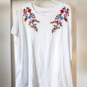 Woman Within Tee Shirt Top 2X White With Embroidery Flowers EUC